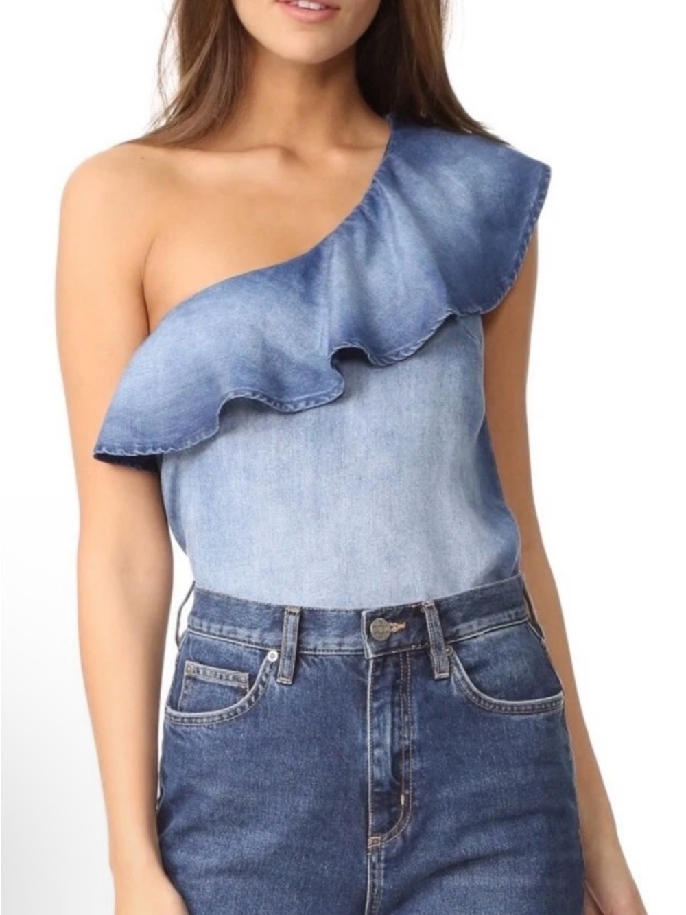 Anthropologie Cloth & Stone Ruffled One Shoulder Chambray Top S
